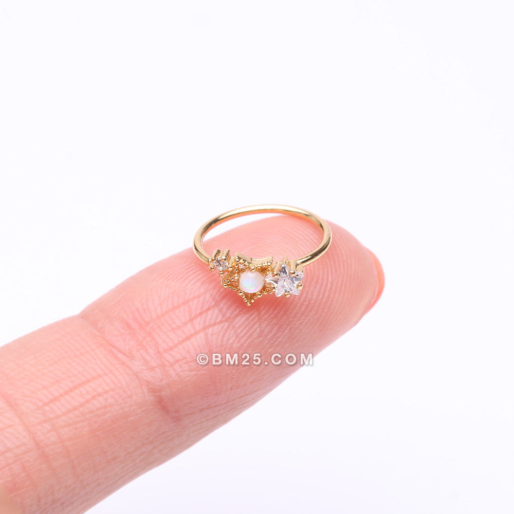 Detail View 3 of Golden Opalescent Star Sparkles Bendable Hoop Ring-Clear Gem/White