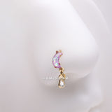 Detail View 1 of Golden Opalescent Crescent Moon with Teardrop Dangle Sparkle Bendable Hoop Ring-Lavender/Clear Gem