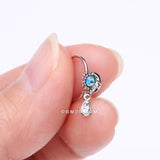 Detail View 2 of Iridescent Sun and Crescent Moon Sparkle Dangle Bendable Hoop Ring-Clear Gem/Aqua
