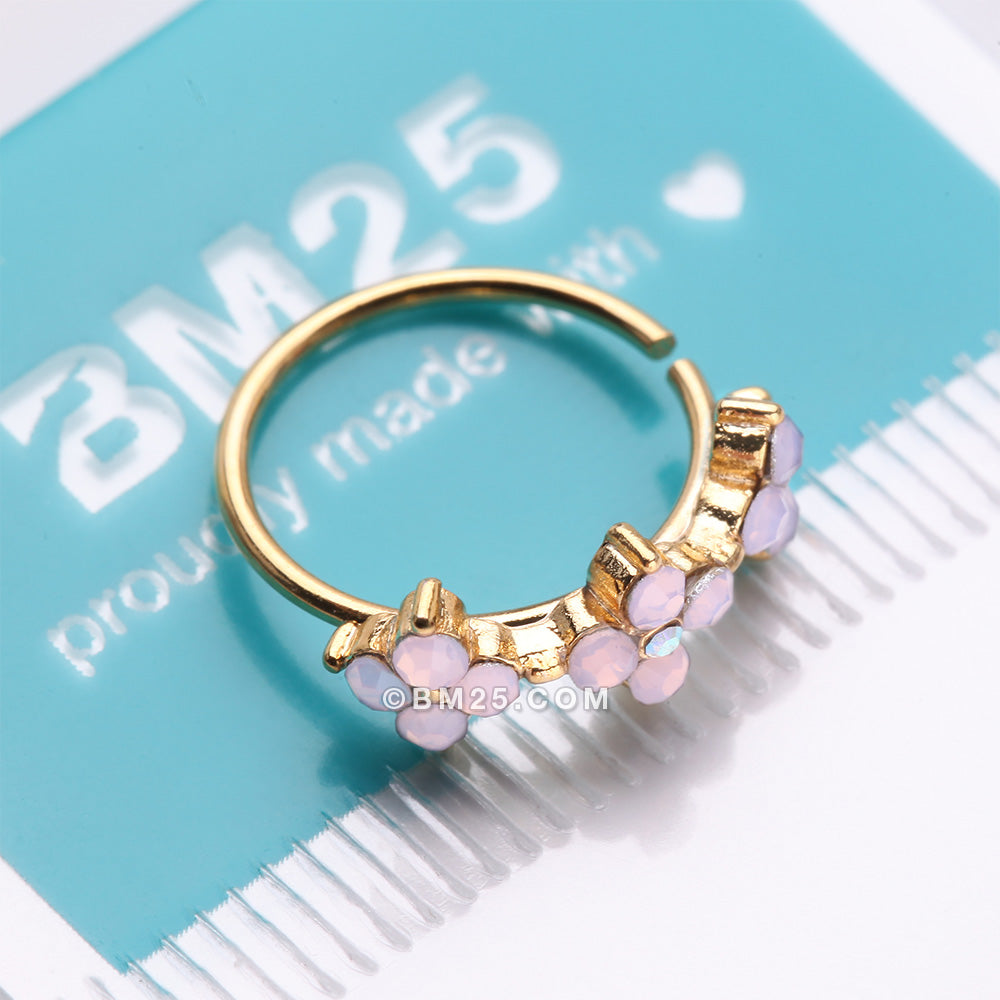 Detail View 3 of Golden Pink Flower Trio Sparkle Bendable Hoop Ring-Rose Water Opal/Aurora Borealis