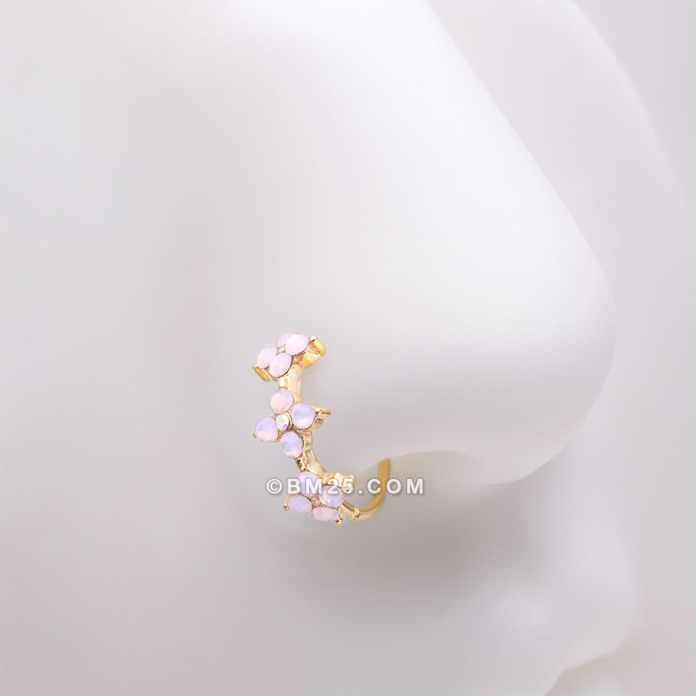 Detail View 1 of Golden Pink Flower Trio Sparkle Bendable Hoop Ring-Rose Water Opal/Aurora Borealis