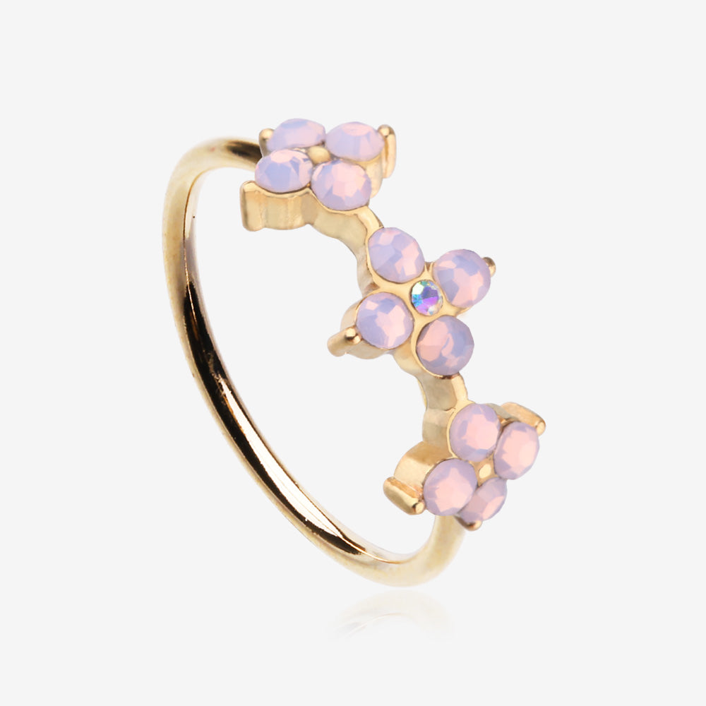 Golden Pink Flower Trio Sparkle Bendable Hoop Ring-Rose Water Opal/Aurora Borealis