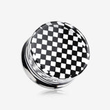 A Pair of Classic Checker Inlay Double Flared Ear Gauge Plug-Black