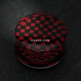Detail View 1 of A Pair of Classic Checker Inlay Double Flared Ear Gauge Plug-Red