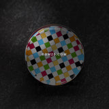 Detail View 2 of A Pair of Classic Checker Inlay Double Flared Ear Gauge Plug-Rainbow