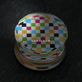 Detail View 1 of A Pair of Classic Checker Inlay Double Flared Ear Gauge Plug-Rainbow