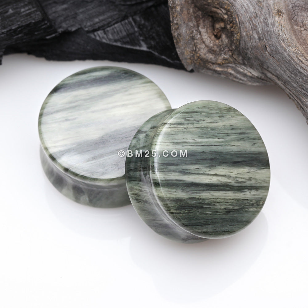 Detail View 1 of A Pair of Green Line Jasper Stone Double Flared Ear Gauge Plug