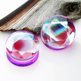 Detail View 1 of A Pair of Iridescent Multi-Faceted Glass Double Flared Plug-Purple/Aurora Borealis