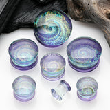 Detail View 2 of A Pair of Lavender Galaxy Milky Way Glass Double Flared Plug-Lavender/Rainbow