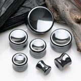 Detail View 2 of A Pair of Hematite Concave Stone Double Flared Plug-Black
