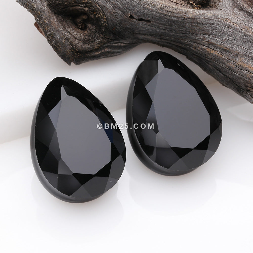 Detail View 1 of A Pair of Gemstone Cut Faceted Single Side Glass Double Flared Tear Drop Plug-Black