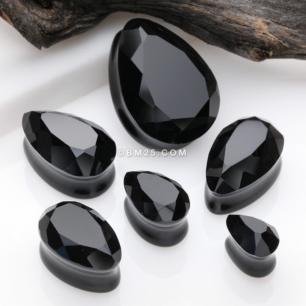 Detail View 2 of A Pair of Gemstone Cut Faceted Single Side Glass Double Flared Tear Drop Plug-Black
