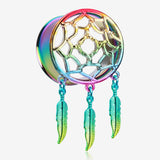 A Pair of Rainbow Dreamcatcher Feather Dangle Steel Ear Gauge Plug