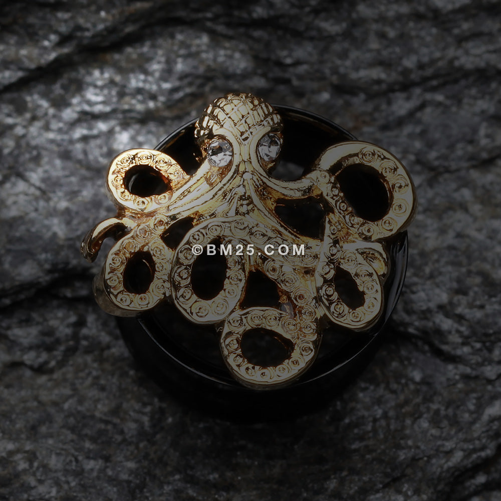 Detail View 1 of A Pair of Golden Evil Octopus Ear Gauge Tunnel Plug-Black/Clear