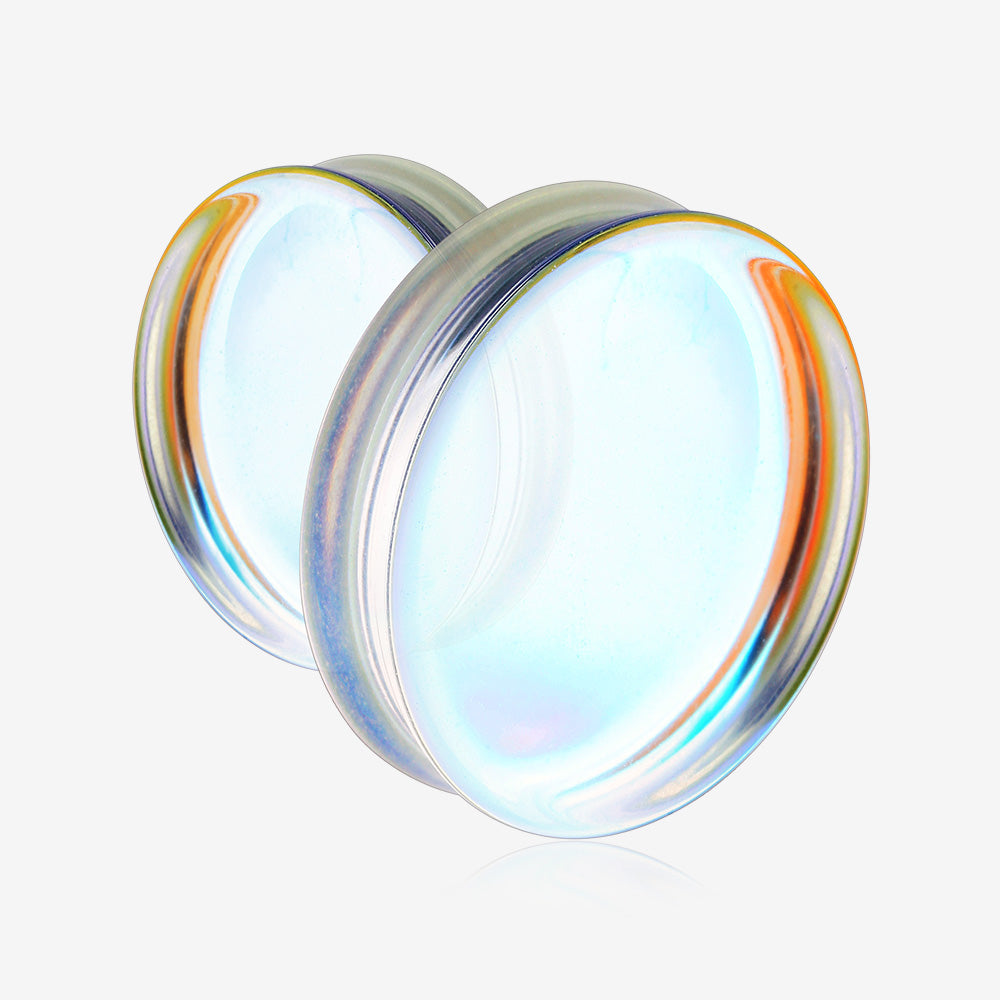 Detail View 3 of A Pair of Luminous Iridescent Flat Glass Double Flared Plug-Clear Gem/Aurora Borealis