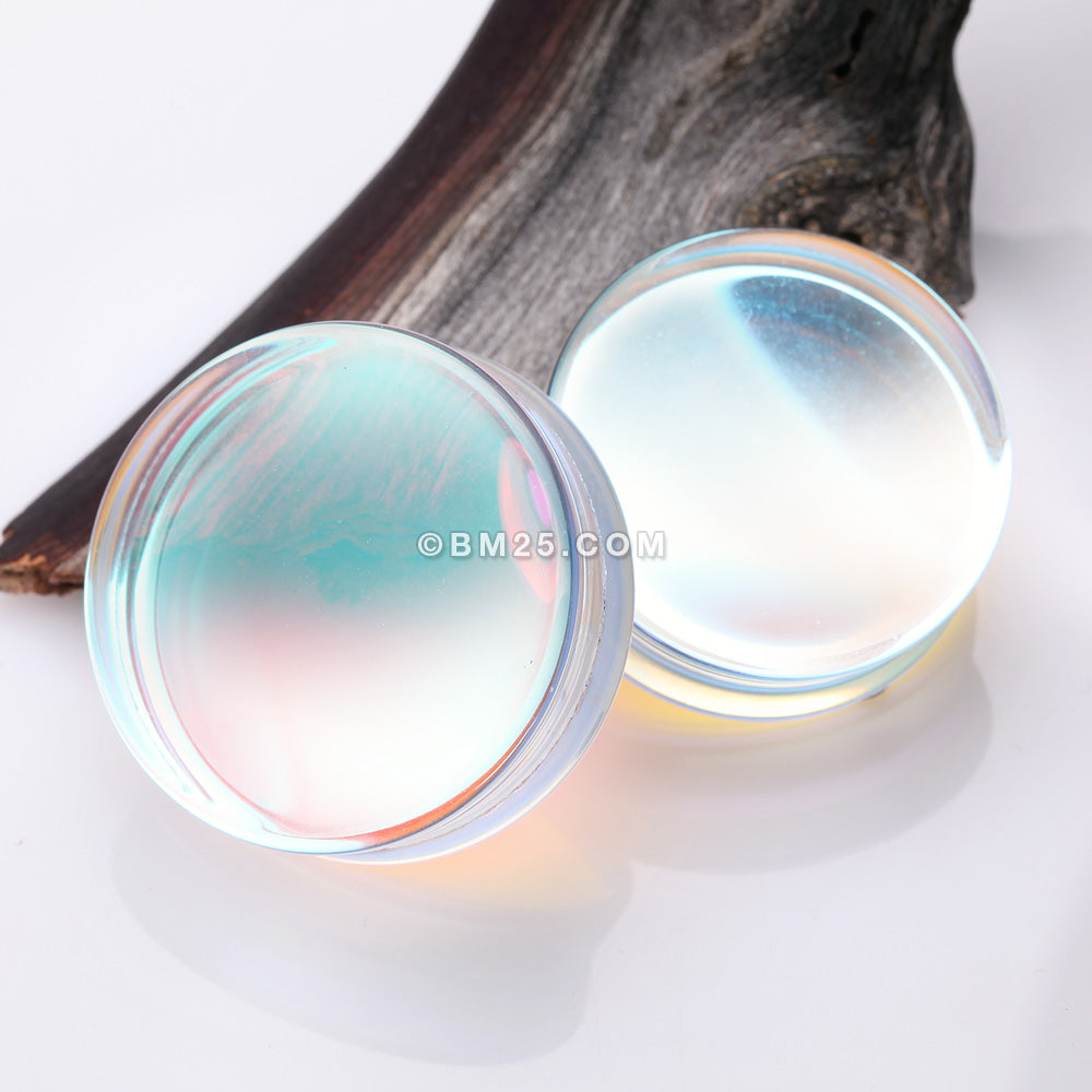 Detail View 4 of A Pair of Luminous Iridescent Flat Glass Double Flared Plug-Clear Gem/Aurora Borealis