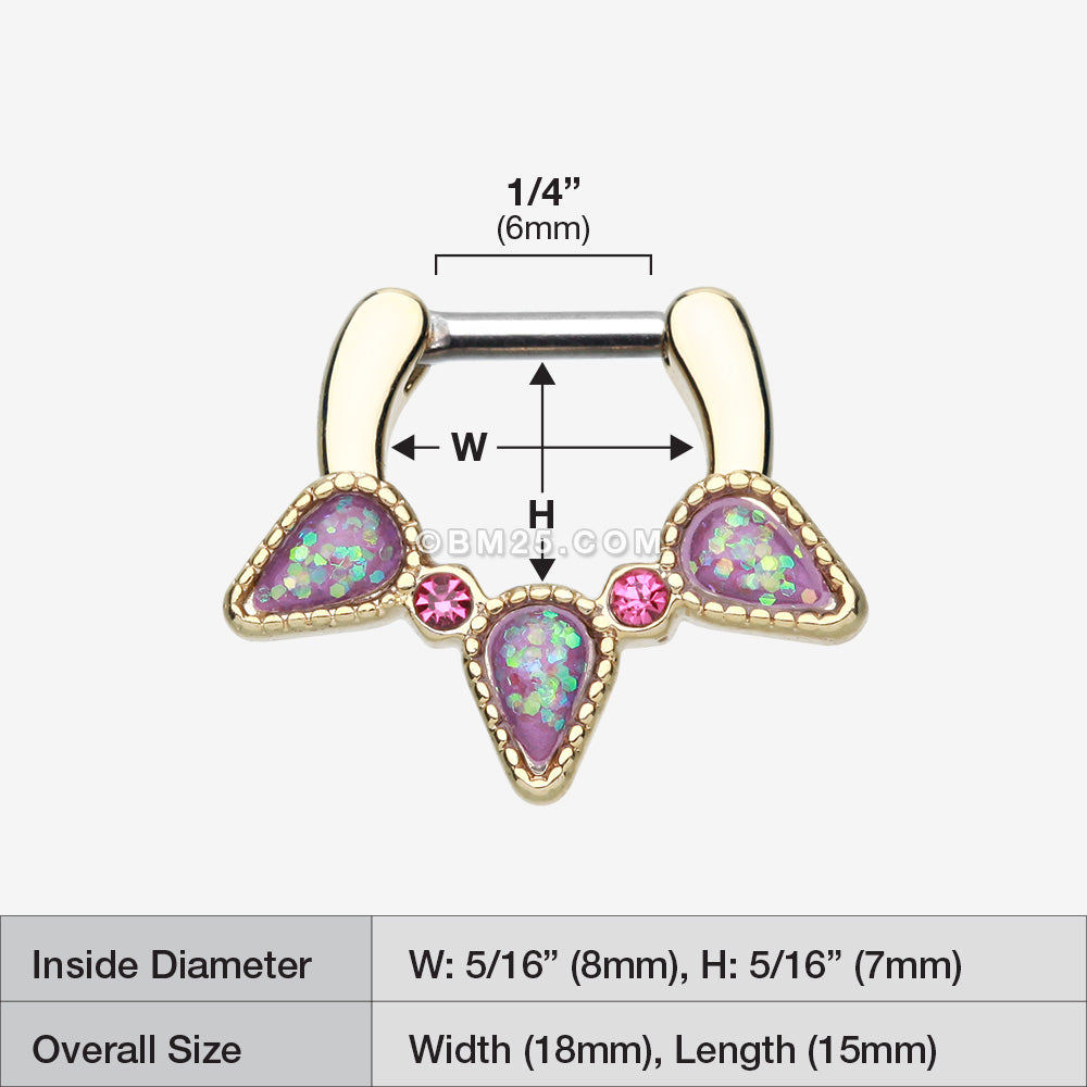Detail View 1 of Golden Opal Sparkle Trident Septum Clicker-Purple