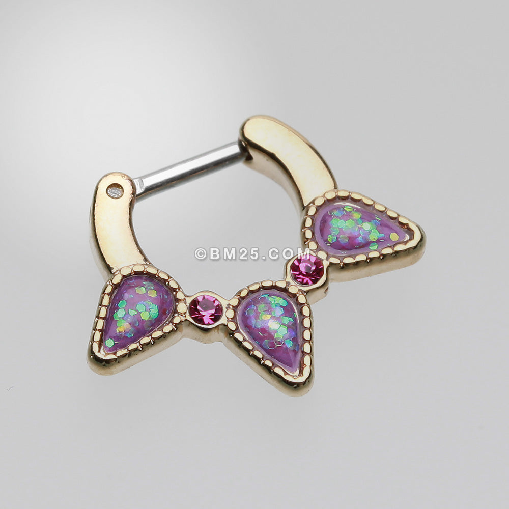 Detail View 2 of Golden Opal Sparkle Trident Septum Clicker-Purple