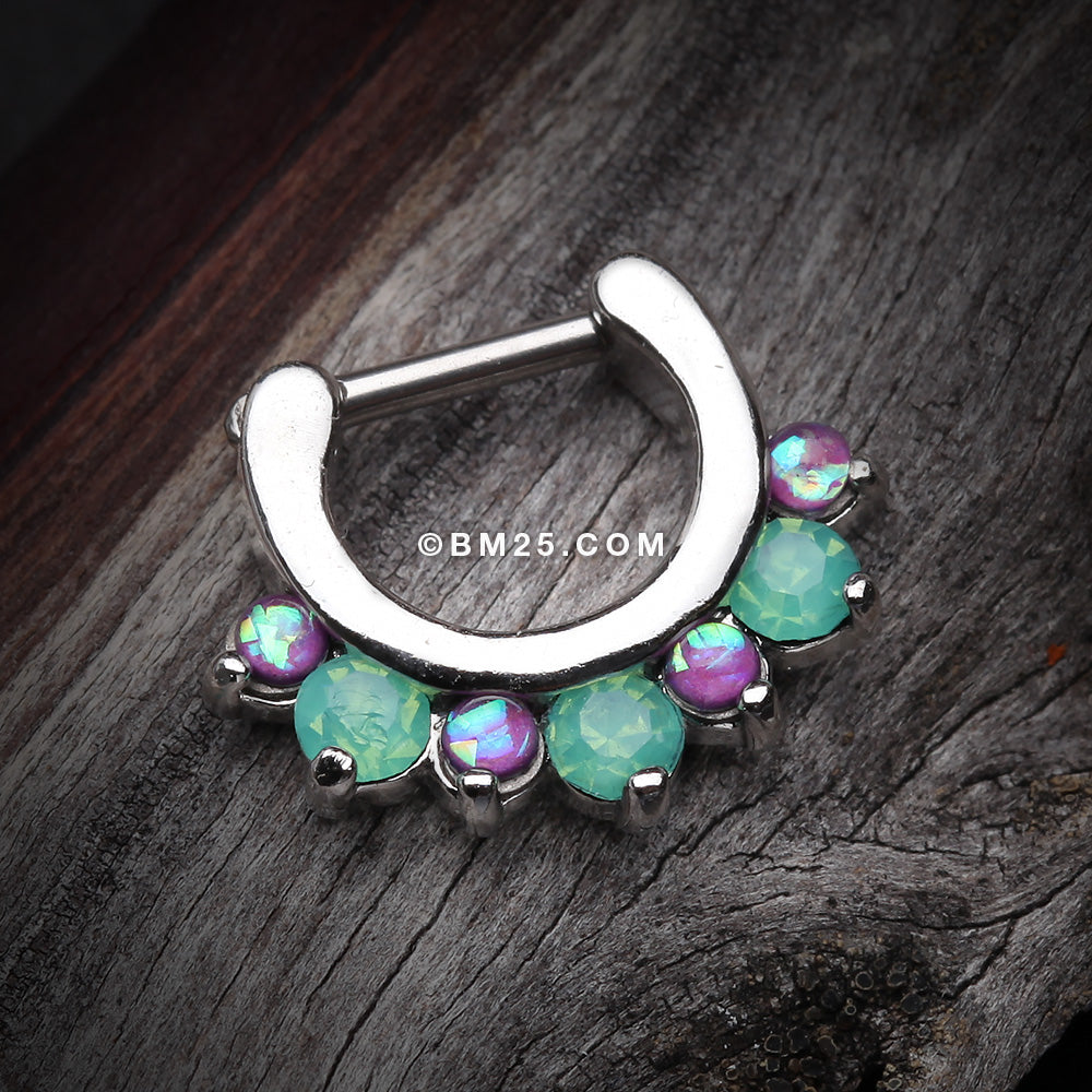 Detail View 4 of Opal Sparkle Deuce Septum Clicker Ring-Green/Purple