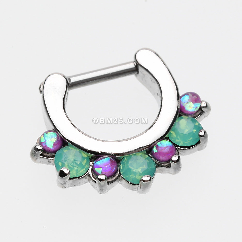 Detail View 2 of Opal Sparkle Deuce Septum Clicker Ring-Green/Purple