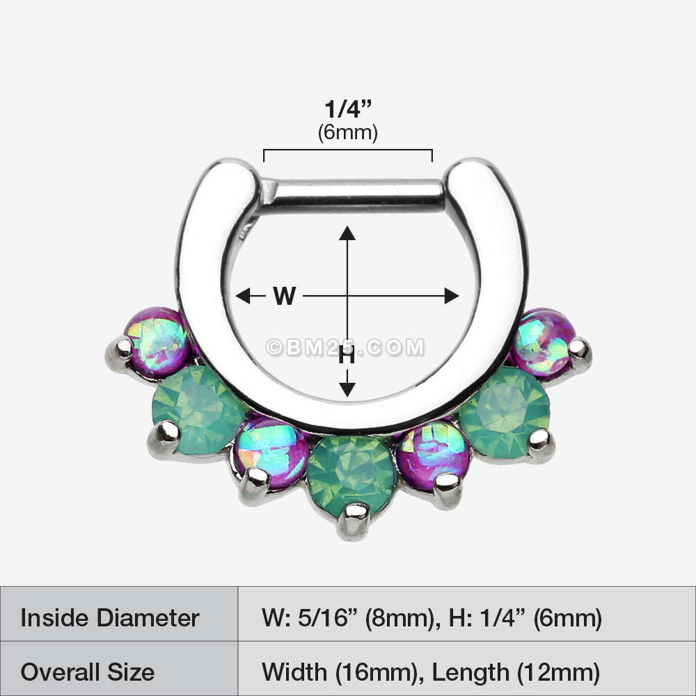 Detail View 1 of Opal Sparkle Deuce Septum Clicker Ring-Green/Purple
