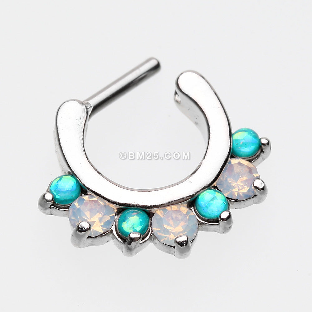 Detail View 3 of Opal Sparkle Deuce Septum Clicker Ring-Teal/White
