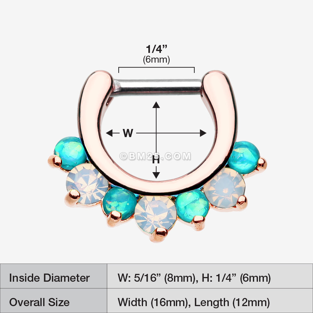 Detail View 1 of Rose Gold Opal Sparkle Deuce Septum Clicker Ring-Teal/White