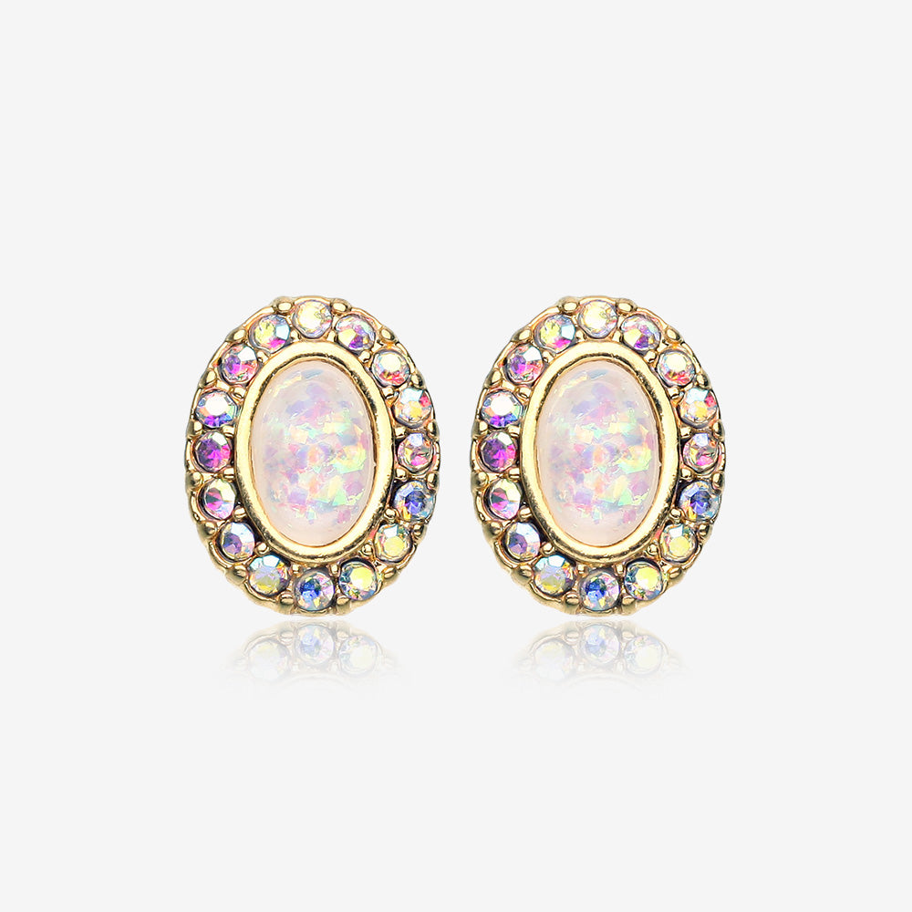 A Pair of Golden Opal Elegance Sparkle Stud Earrings-Aurora Borealis/White
