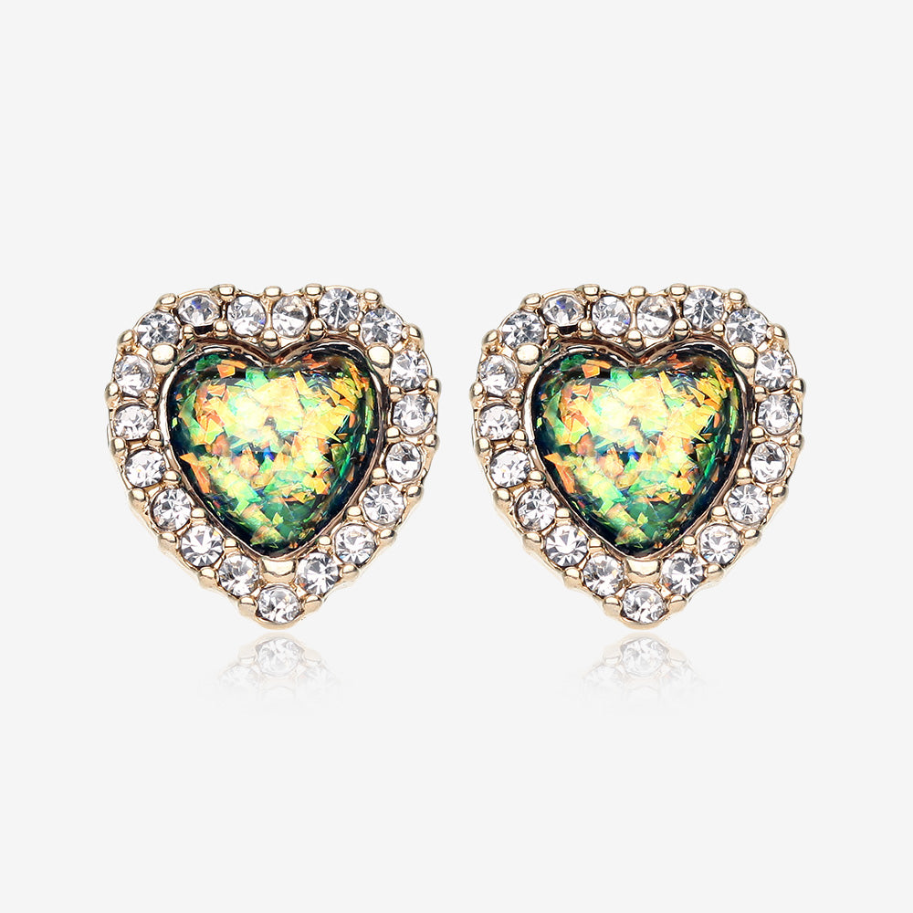 A Pair of Golden Opal Heart Essentia Sparkle Stud Earrings-Clear Gem/Black
