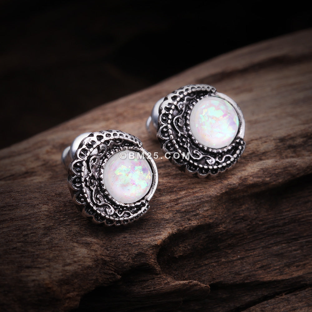 Detail View 1 of A Pair of Vintage Boho Filigree Opal Moon Stud Earrings-White