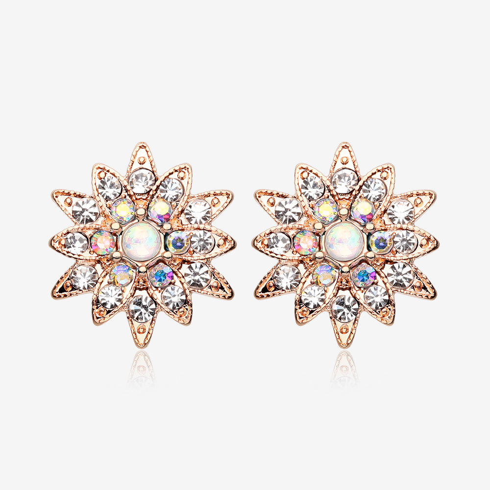 A Pair of Rose Gold Opal Sparkle Chrysanthemum Flower Stud Earrings-Clear Gem/Aurora Borealis