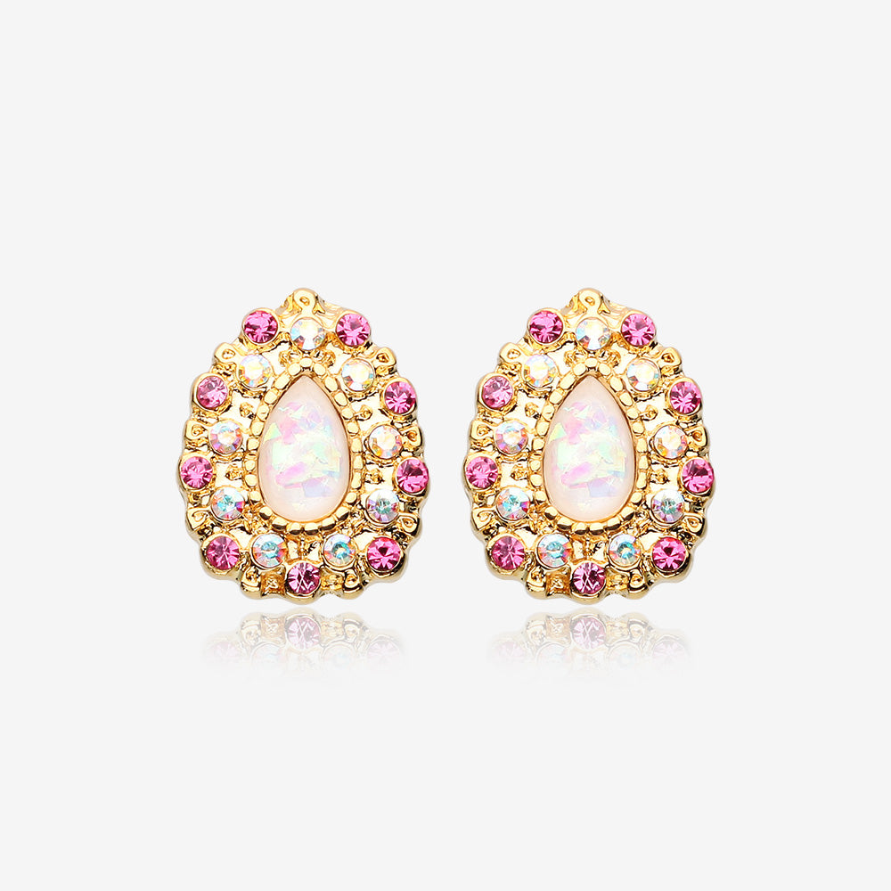 Golden Eirene Opal Ear Stud Earrings-Aurora Borealis/Pink
