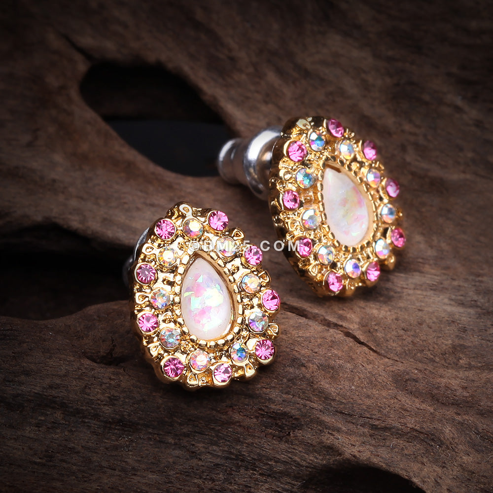 Detail View 1 of Golden Eirene Opal Ear Stud Earrings-Aurora Borealis/Pink