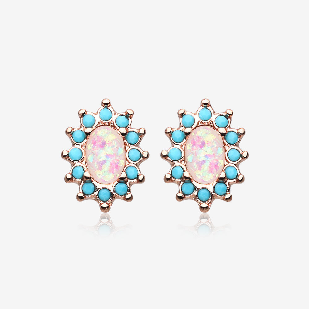 Rose Gold Elegant Opal Turquoise Ear Stud Earrings-Turquoise/White