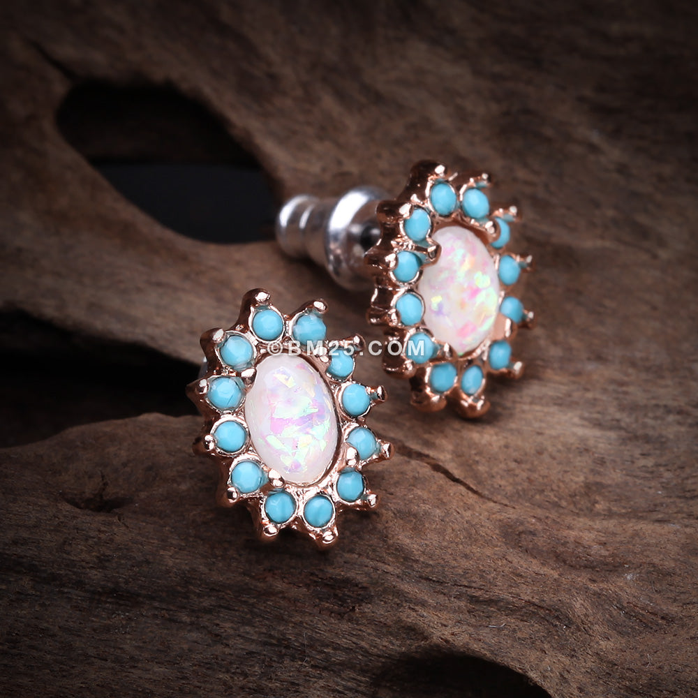 Detail View 1 of Rose Gold Elegant Opal Turquoise Ear Stud Earrings-Turquoise/White