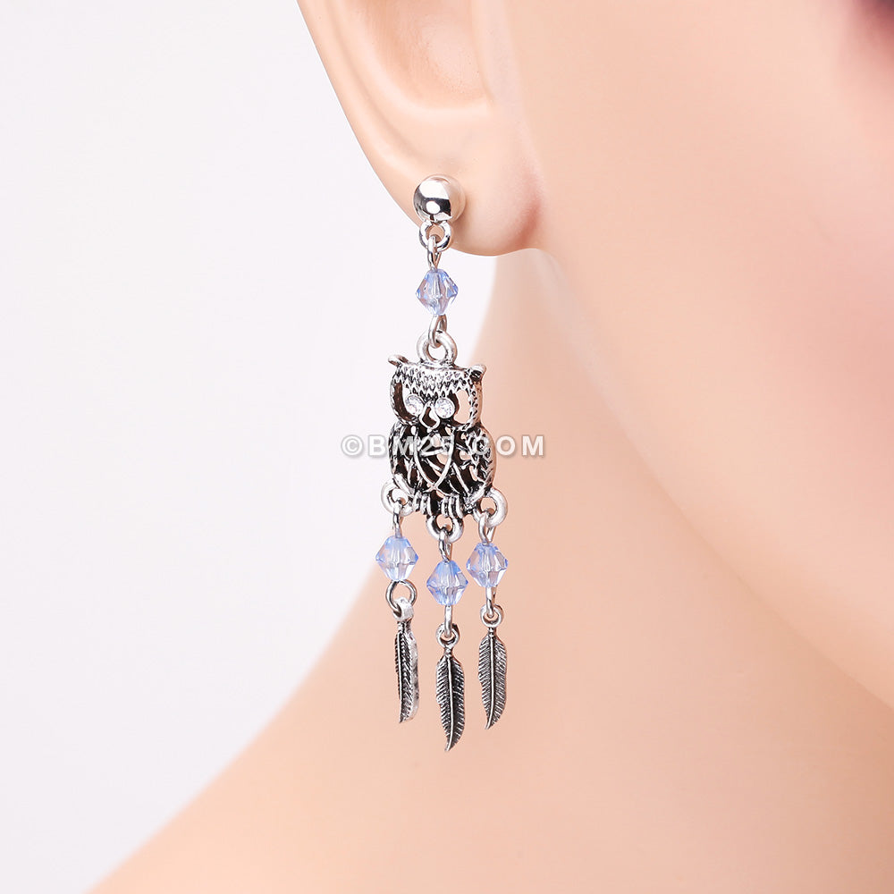 Detail View 1 of Guardian Owl Dreamcatcher Feather Earring-Clear Gem