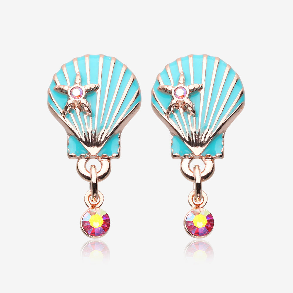 Rose Gold Ariel's Seashell Star Ear Stud Earrings-Pink/Aurora Borealis