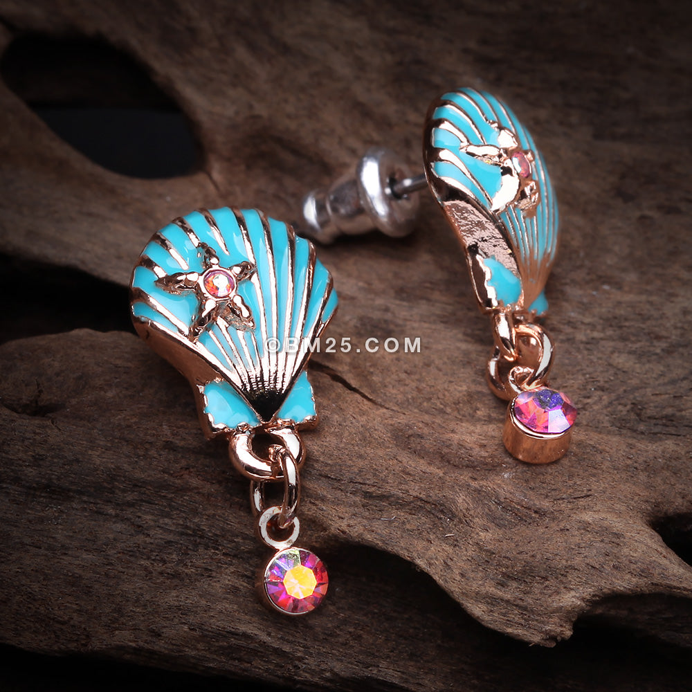 Detail View 1 of Rose Gold Ariel's Seashell Star Ear Stud Earrings-Pink/Aurora Borealis