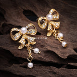 Detail View 1 of Golden Bow-Tie Splendid Dangle Ear Stud Earrings-Clear Gem/White