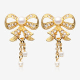 Golden Bow-Tie Splendid Dangle Ear Stud Earrings-Clear Gem/White