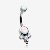 Implant Grade Titanium Internally Threaded Bali Bead Fire Opal Sparkle Belly Button Ring-White Opal/Clear Gem