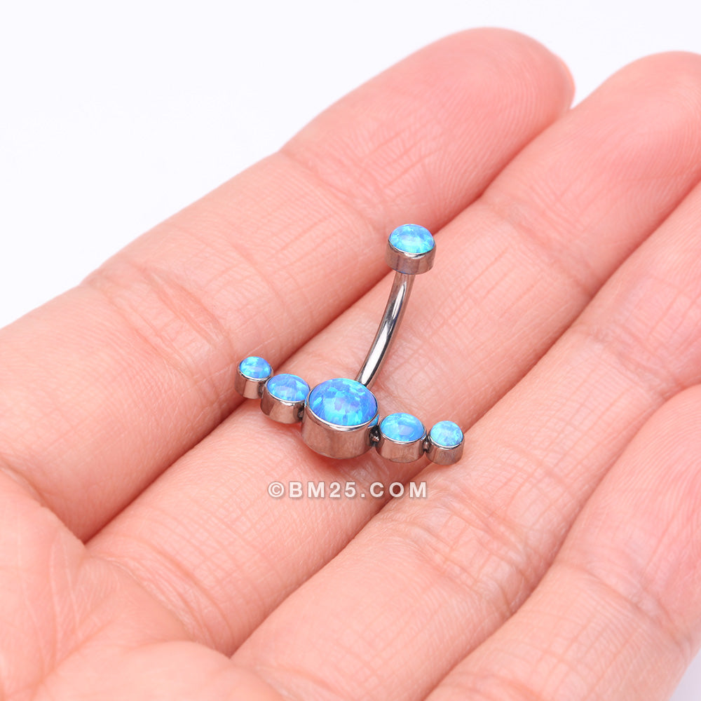 Detail View 2 of Implant Grade Titanium Internally Threaded Journey Curve Fire Opal Sparkle Belly Button Ring-Blue Opal