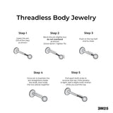 Guide to How to use the Threadless Body Jewelry of 1. Insert the Pin, 2. Bend the Pin Slightly, 3. Push in to Close