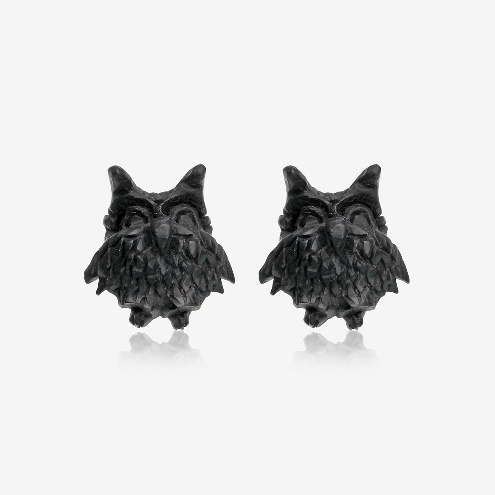 A Pair of Hootie Owl Handcarved Wood Earring Stud-Black