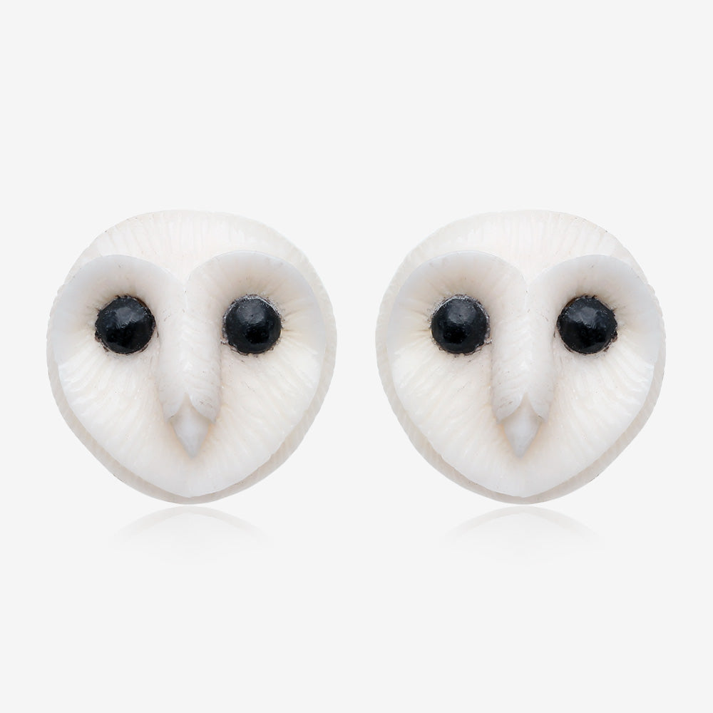 A Pair of Frosty Barn Owl Handcarved Earring Stud-Clear Gem/White
