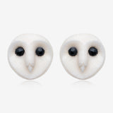 A Pair of Frosty Barn Owl Handcarved Earring Stud-Clear Gem/White