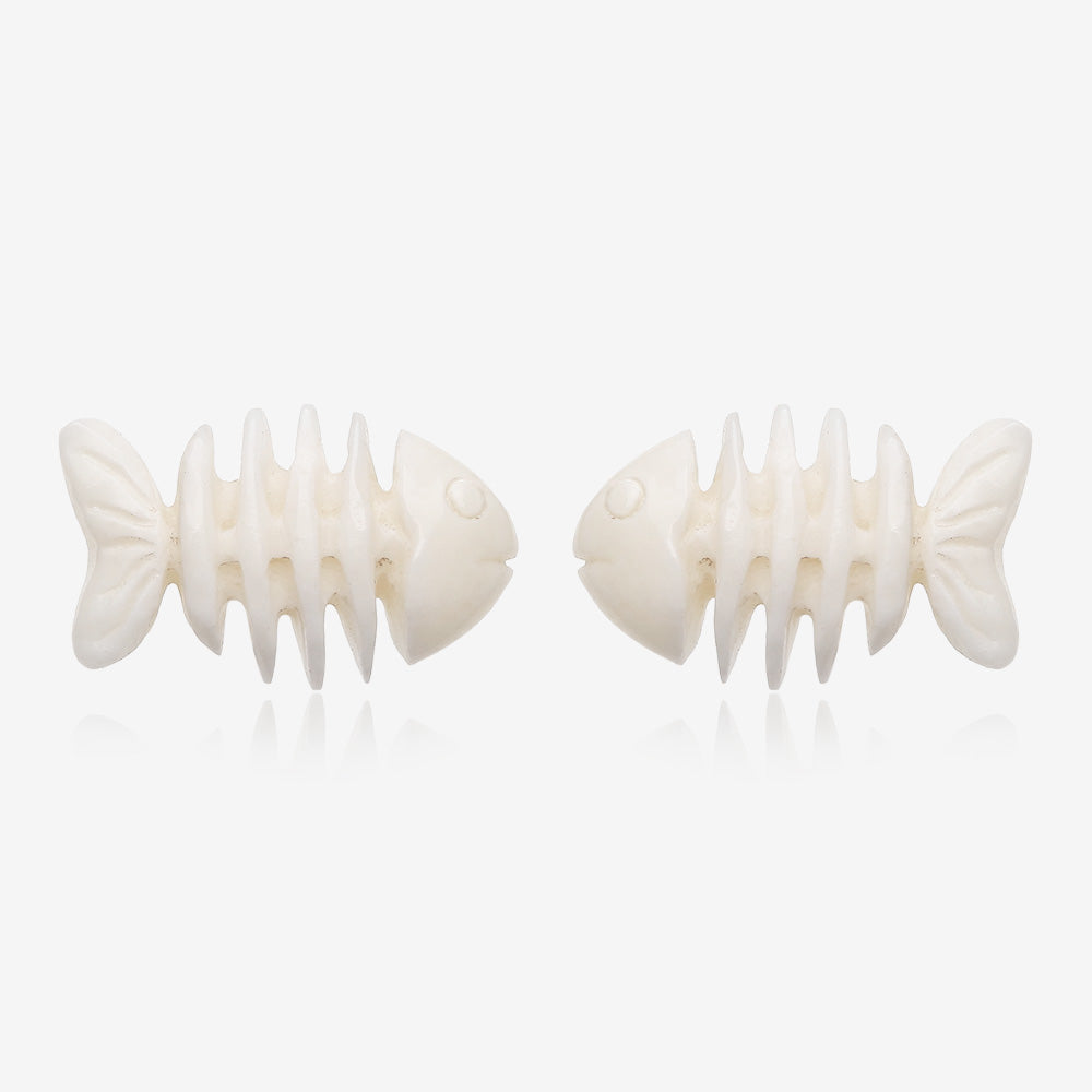 A Pair of Fish Bone Fossil Handcarved Earring Stud-Clear Gem/White