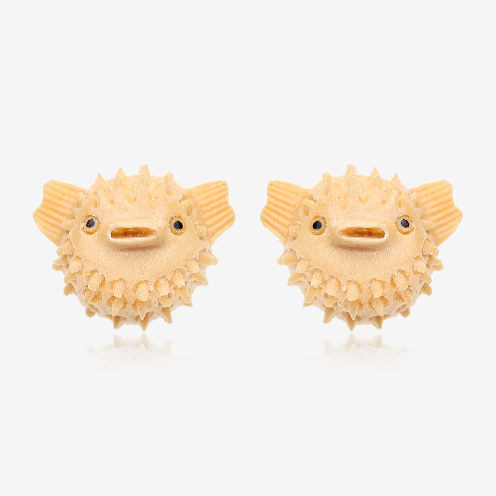 A Pair of Adorable Blowfish Handcarved Earring Stud-Yellow