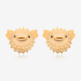 A Pair of Adorable Blowfish Handcarved Earring Stud-Yellow