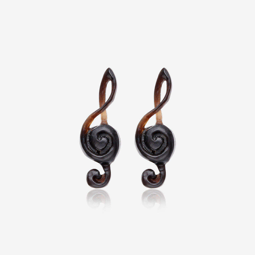A Pair of The Treble Clef Music Note Handcarved Earring Stud-Black